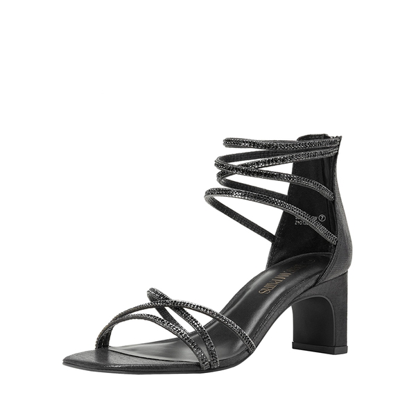 Rhinestone Chunky Pump Sandals - BLACK RHINESTONE -  0